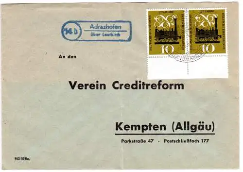 BRD 1961, Landpoststempel 14b ADRAZHOFEN über Leutkirch auf Brief m. 2x10 Pf. 