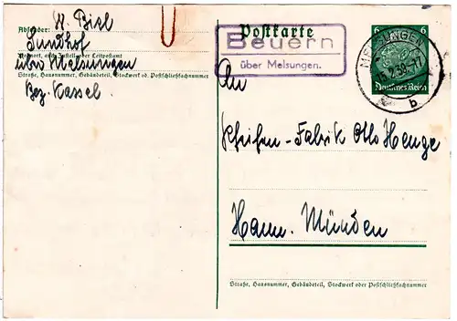 DR 1939, Landpost Stpl. BEUERN über Melsungen auf 6 Pf. Ganzsache.