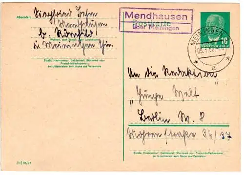 DDR 1956, Landpost Stpl MENDHAUSEN über Meiningen auf 10 Pf. Ganzsache