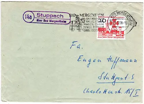 BRD 1959, Landpoststempel 14a STUPPACH über Bad Mergentheim auf Brief m. 20 Pf. 