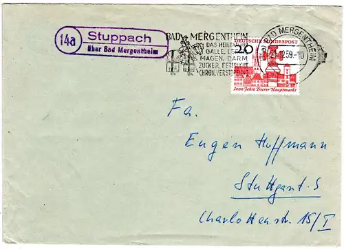 BRD 1959, Landpoststempel 14a STUPPACH über Bad Mergentheim auf Brief m. 20 Pf.