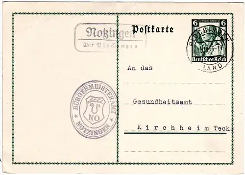 DR 1935, Landpoststpl. NOTZINGEN über Plochingen auf 6 Pf. Ganzsache 