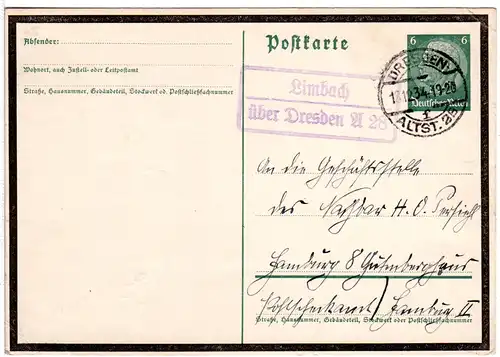 DR 1934, Landpost Stpl. LIMBACH über Dresden A 28 auf 6 Pf. Trauer-Ganzsache.