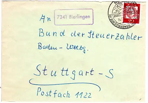 BRD 1962, Landpoststempel 7241 BIERLINGEN auf Brief m. 20 Pf.