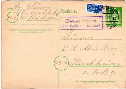 1950, Landpoststempel CLEVERSULZBACH über Heibronn auf 10 Pf. Ganzsache.