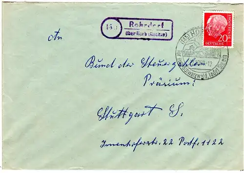 BRD 1959, Landpoststempel ROHRDORF über Horb auf Brief m. 20 Pf.