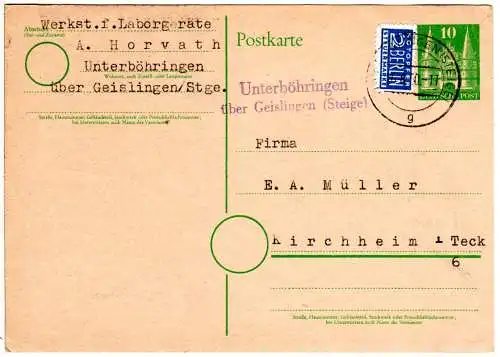 1950, Landpoststempel UNTERBÖHRINGEN über Geislingen auf 10 Pf. Ganzsache.