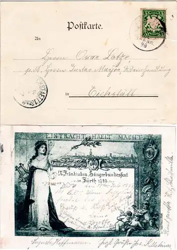Bayern 1898, Sonderstempel Fürth Sängerfestplatz auf entsprechender AK m. 5 Pf.