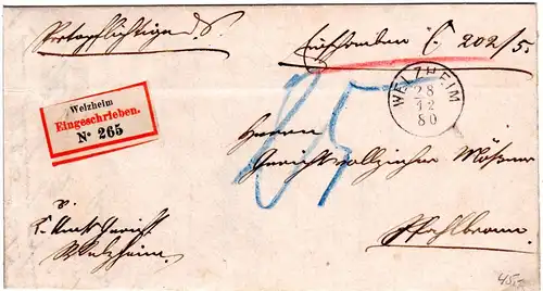 DR 1880, K1 WELZHEIM auf portopflichtigem Einschreiben Dienstbrief n. Pfahlbronn