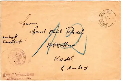 DR 1934, alter Bayern-K1 BERG b. NEUMARKT i. Opf. auf Pfarramt Brief n. Kastel