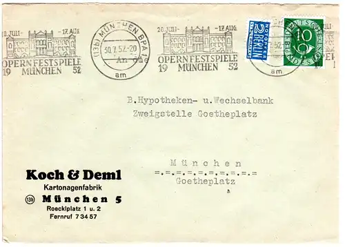 BRD 1952, OPERNFESTSPIELE MÜNCHEN, Maschinen-Sonderstpl. auf Brief m. 10 Pf.