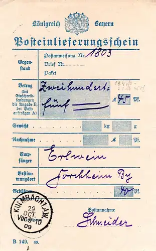 Bayern 1909, Posteinlieferungsschein m. K1 KULMBACH 1.A.W. (nicht b. Helbig).