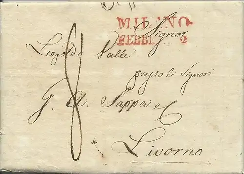 Lombardei 1833, roter L2 MILANO auf Brief n. Livorno Toscana. Italien. #3059