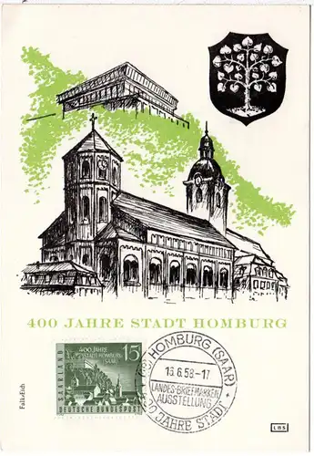 Saarland 1958, Sonderkarte 400 Jahre Stadt Homburg m. entpr. Sonderstpl.