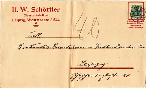DR 1910, 5 Pf. Privatganzsache v. Leipzig m. Zudruck Schöttler Cigarrenfabrik