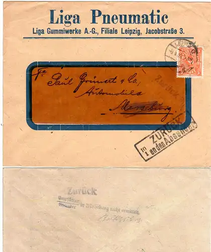 DR 1923, EF 5 Mk. auf Firmen Retour-Brief v. Leipzig m. Merseburg Zurück-Stpl.