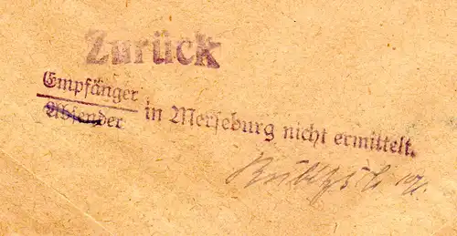 DR 1923, EF 5 Mk. auf Firmen Retour-Brief v. Leipzig m. Merseburg Zurück-Stpl.