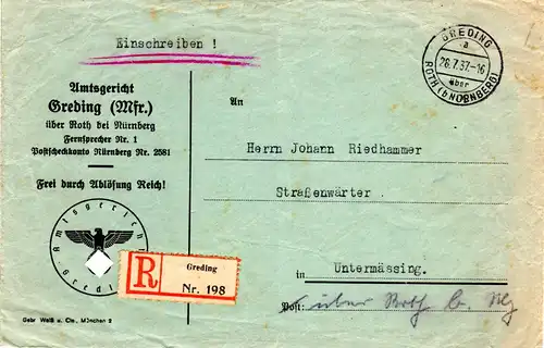 DR 1937, Gerichts Einschreiben Brief v. Greding n. Untermässing