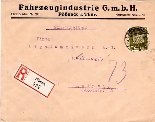 DR 1925, EF 40 Pf. Germania auf Firmen Einschreiben Brief v. Pössneck