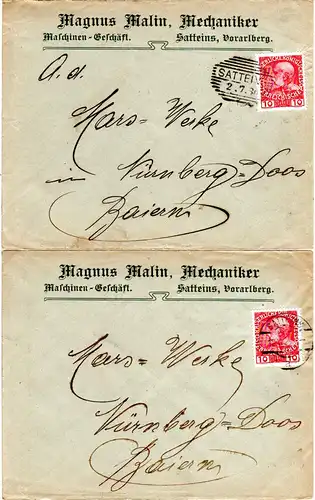 Österreich 1908, 2 Firmenbriefe m. 10 H. v. SATTEINS Va. m. versch. Entwertung