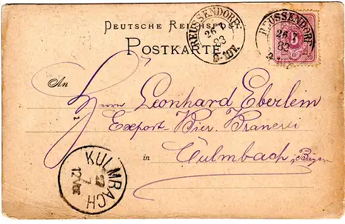DR 1883, nachverwendeter Schlesien Preussen-K2 REUSSENDORF auf Karte m. 5 Pf.