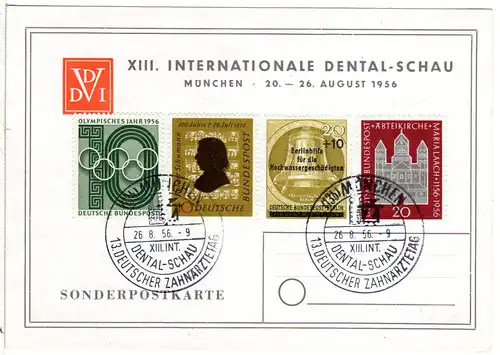 1956, Sonderkarte XIII. Int. DENTAL-SCHAU München m. entpr. Sonderstempel