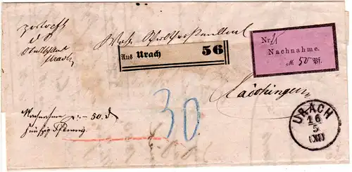 Württemberg 1883, K1 URACH auf Nachnahme-Brief