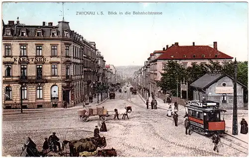 Zwickau, Bahnhofstrasse m. Tram Bahn, 1908 gebr. Farb-AK