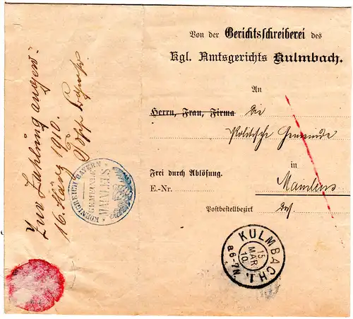 Bayern 1910, K2 KULMBACH auf Gerichts-Brief m. Mainleus Gemeindestempel