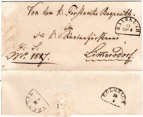Bayern 1857, HKS BAYREUTH auf Forstamtsbrief n. Limmersdorf via Kulmbach Thurnau