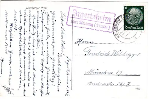 DR 1936, Landpost Stpl. IRGERTSHEIM über Neuburg auf Karte m. 6 Pf. 