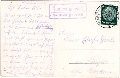 DR 1939, Landpost Stpl. NIEDERMÖLLRICH über Wabern auf Karte m. 6 Pf.
