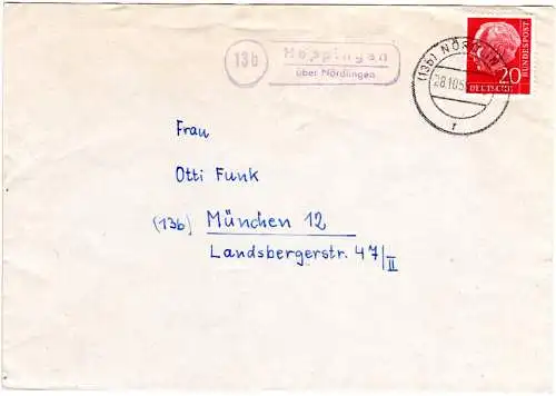 BRD 1958, Landpost Stpl. 13b HOPPINGEN über Nördlingen auf Brief m. 20 Pf.