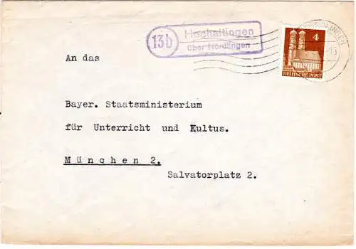 BRD 1951, Landpost Stpl. 13b HOCHALTINGEN über Nördlingen auf Brief m. 4 Pf.