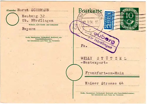 BRD 1954, Landpost Stpl. 13b HEUBERG über Nördlingen auf 10 Pf. Ganzsache 