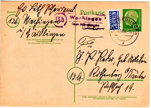 BRD 1954, viol. Landpost Stpl. 13b WECHINGEN über Nördlingen auf Ganzsache