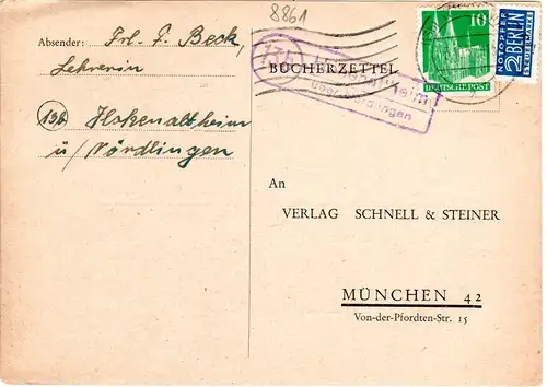 BRD 1951, Landpost Stpl. 13b HOHENALTHEIM über Nördlingen auf Karte m. 10 Pf.