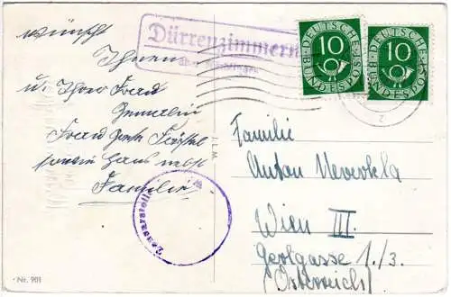 BRD 1952, Landpost Stpl. DÜRRENZIMMERN über Nördlingen auf Karte m. 2x10 Pf.