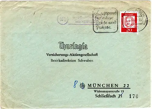 BRD 1962, Landpost Stpl. 13b GROSSEHINGEN über Nördlingen auf Brief m. 20 Pf.