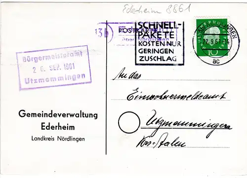 BRD 1961, Landpost Stpl. 13b EDERHEIM über Nördlingen auf Gemeinde Karte 
