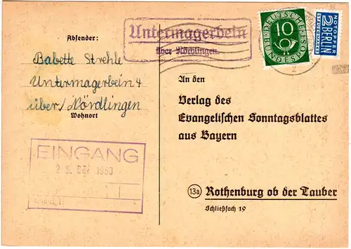 1953, Landpost Stpl. UNTERMAGERBEIN über Nördlingen auf Karte m. 10 Pf.