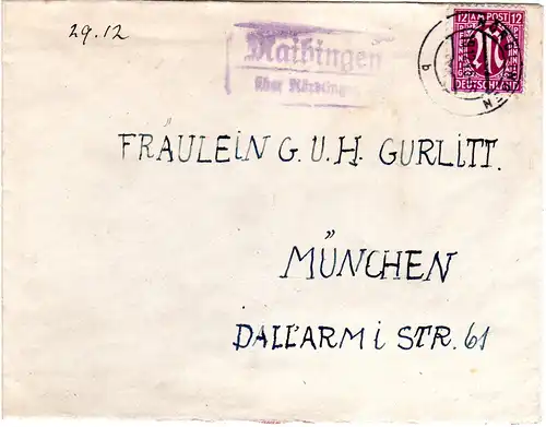 1946, Landpost Stpl. MAIHINGEN über Nördlingen auf Brief m. 12 Pf.