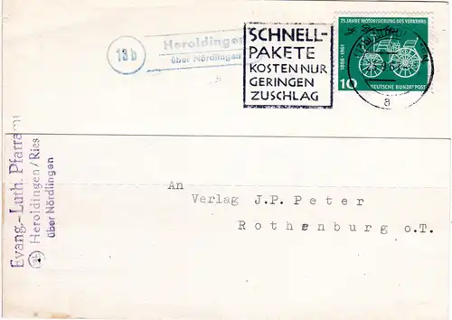 BRD 1961, Landpost Stpl. 13b HEROLDINGEN über Nördlingen auf Karte m. 10 Pf.