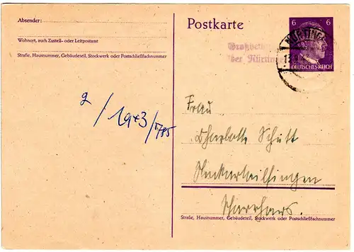 DR 1943, L2 Landpost Stpl. GROSSBETTINGEN über Nürtingen auf 6 Pf. Ganzsache