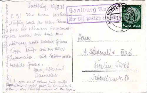 DR 1938, Landpost Stpl. SAALBURG KASTELL über Bad Homburg auf Karte m. 6 Pf.