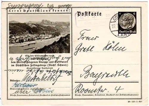 DR 1938, Landpost Stpl. EICHOW über Cottbus auf 6 Pf. Bild-Ganzsache