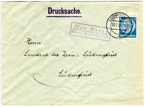 DR 1938, Landpost Stpl. NEU-BRENZ über Ludwigslust auf Brief m. 4 Pf.