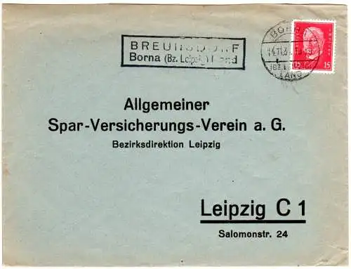 DR 1931, Landpost Stpl. BREUNSDORF Borna (Bz. Leipzig) Land auf Brief m. 15 Pf.