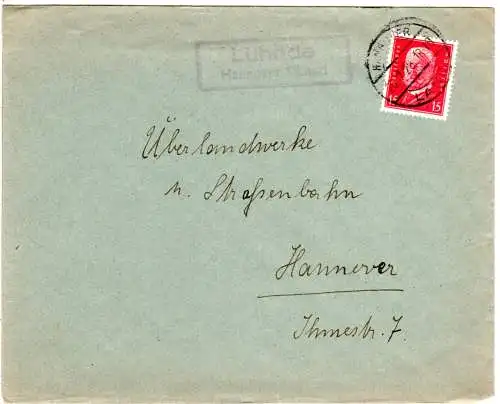 DR 1928, Landpost Stpl. LÜHNDE Hannover Land auf Brief m. 15 Pf.