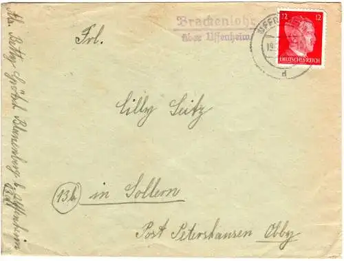 DR 1941, Landpost Stpl. BRACKENLOHR über Uffenheim auf Brief v. Blauenberg.